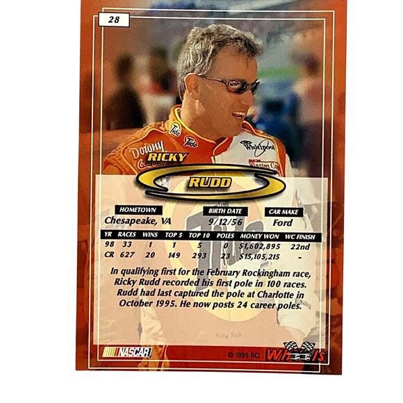 Ricky Rudd, Sponsor: Tide, Card 28, 1999 Wheels NASCAR Winston Cup, NM+ - Picture 3 of 4